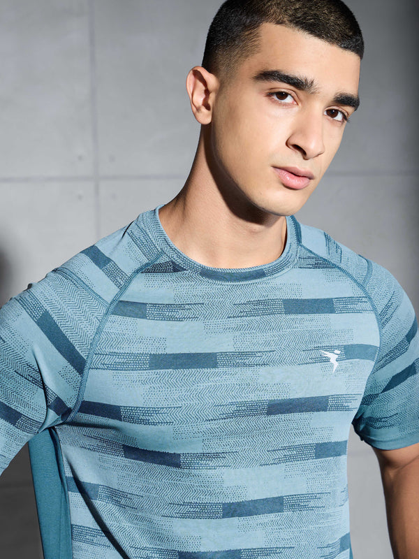 Men Self Design Slim Fit Crew Neck T-shirt with DOUBLE COOL