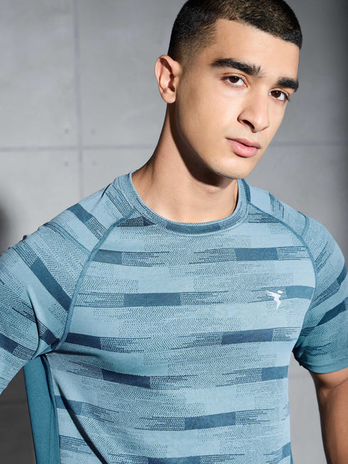 Men Self Design Slim Fit Crew Neck T-shirt with DOUBLE COOL