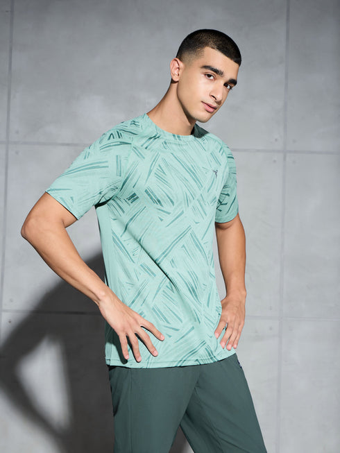 Men Self Design Slim Fit Crew Neck T-shirt with DOUBLE COOL