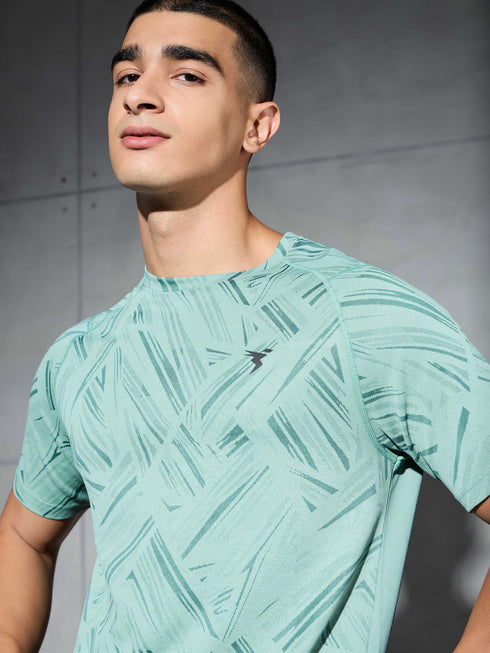 Men Self Design Slim Fit Crew Neck T-shirt with DOUBLE COOL