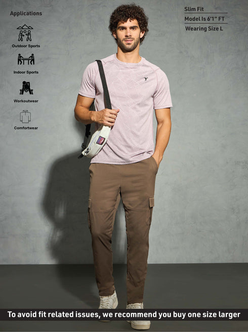 Men Self Design Slim Fit Crew Neck T-shirt with DOUBLE COOL