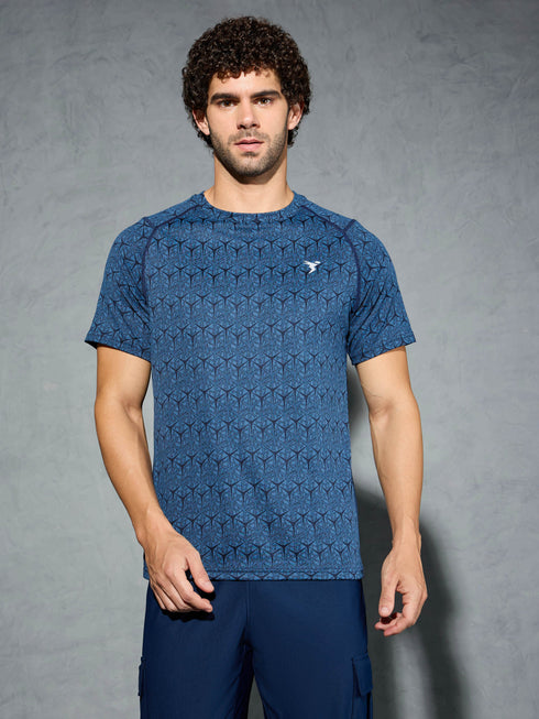 Men Self Design Slim Fit Crew Neck T-shirt with DOUBLE COOL