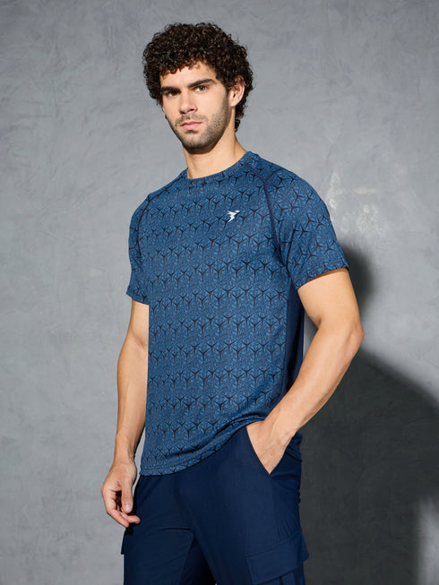 Men Self Design Slim Fit Crew Neck T-shirt with DOUBLE COOL