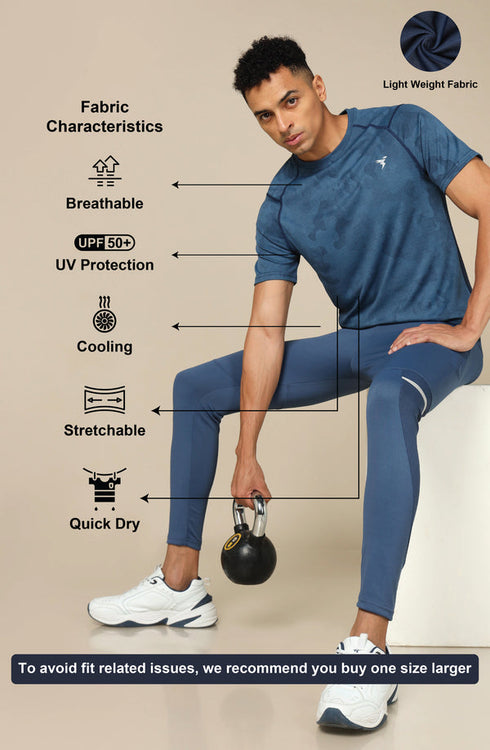 Men Self Design Slim Fit Crew Neck T-shirt with DOUBLE COOL