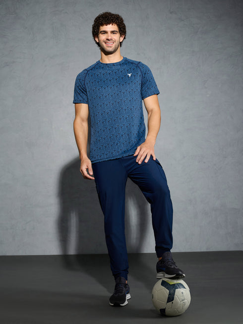 Men Self Design Slim Fit Crew Neck T-shirt with DOUBLE COOL