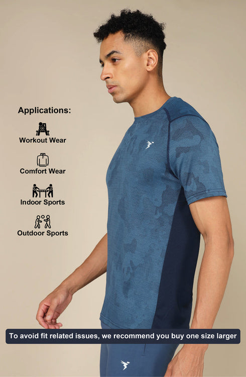 Men Self Design Slim Fit Crew Neck T-shirt with DOUBLE COOL
