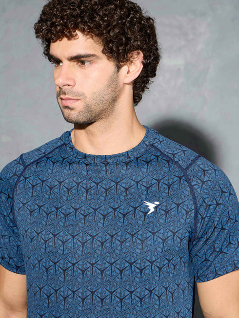Men Self Design Slim Fit Crew Neck T-shirt with DOUBLE COOL