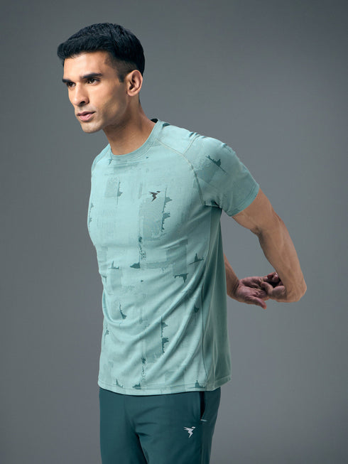 Men Self Design Slim Fit Crew Neck T-shirt with DOUBLE COOL