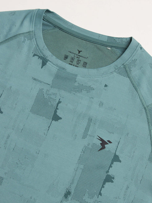 Men Self Design Slim Fit Crew Neck T-shirt with DOUBLE COOL