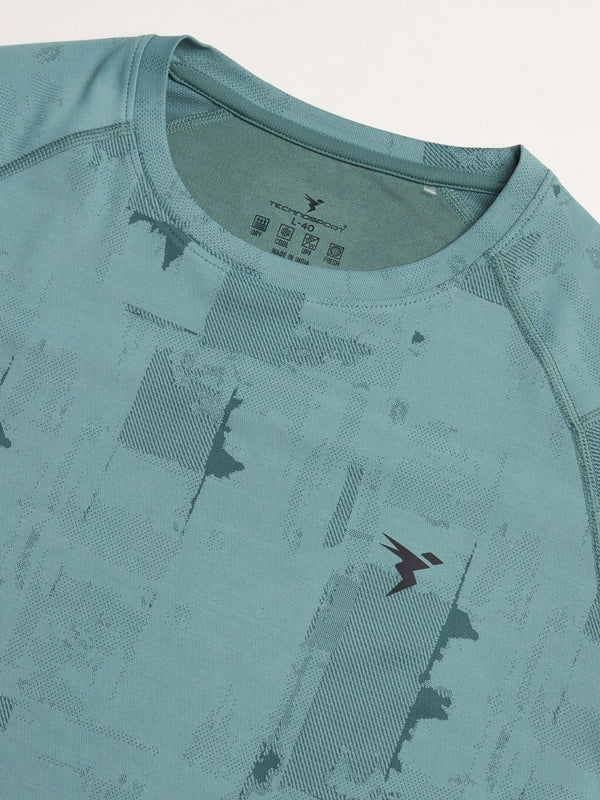 Men Self Design Slim Fit Crew Neck T-shirt with DOUBLE COOL