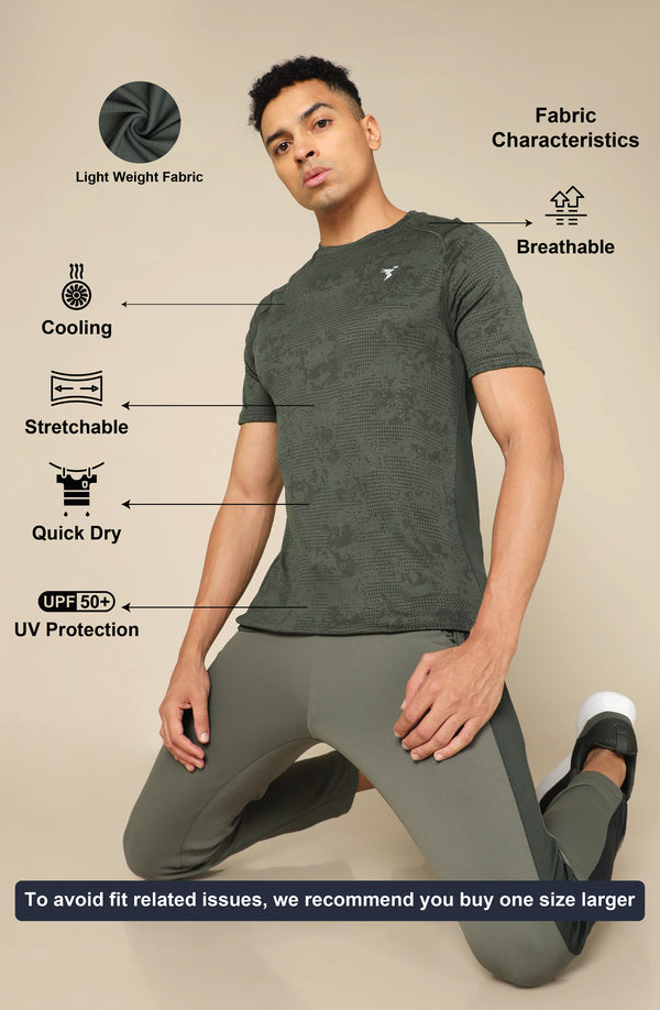 Men Self Design Slim Fit Crew Neck T-shirt with DOUBLE COOL