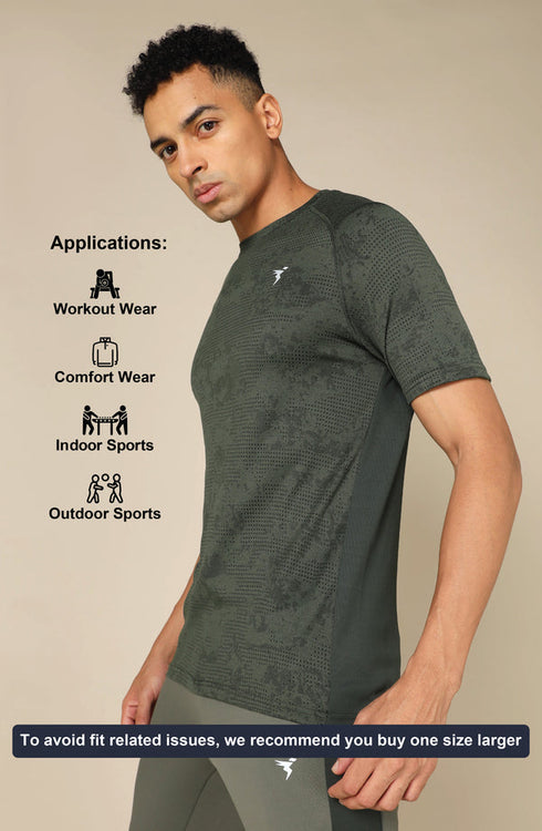 Men Self Design Slim Fit Crew Neck T-shirt with DOUBLE COOL