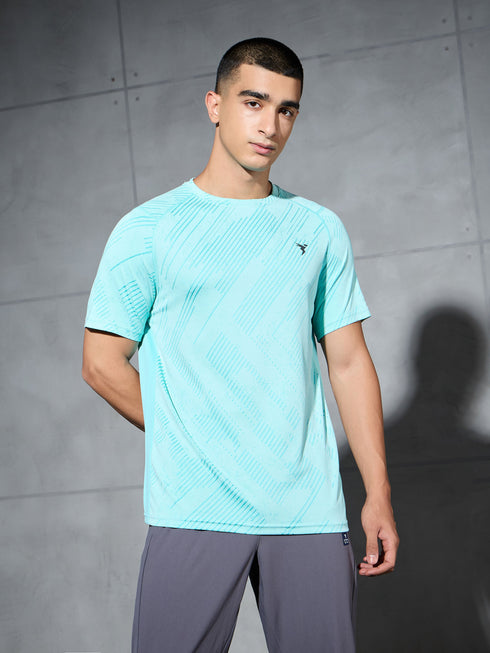 Men Self Design Slim Fit Crew Neck T-shirt with DOUBLE COOL