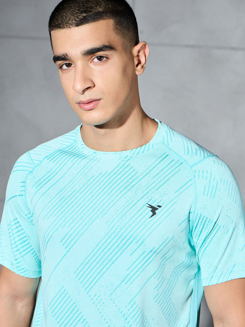 Men Self Design Slim Fit Crew Neck T-shirt with DOUBLE COOL