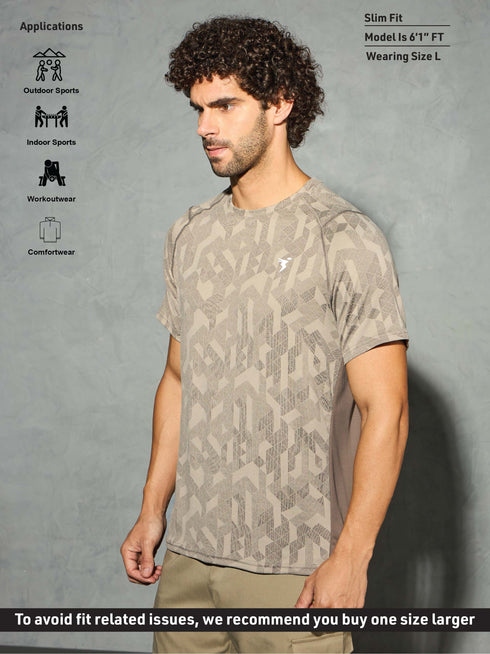 Men Self Design Slim Fit Crew Neck T-shirt with DOUBLE COOL