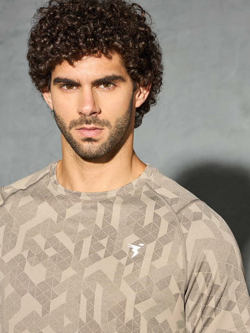 Men Self Design Slim Fit Crew Neck T-shirt with DOUBLE COOL