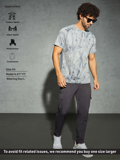 Men Self Design Slim Fit Crew Neck T-shirt with DOUBLE COOL