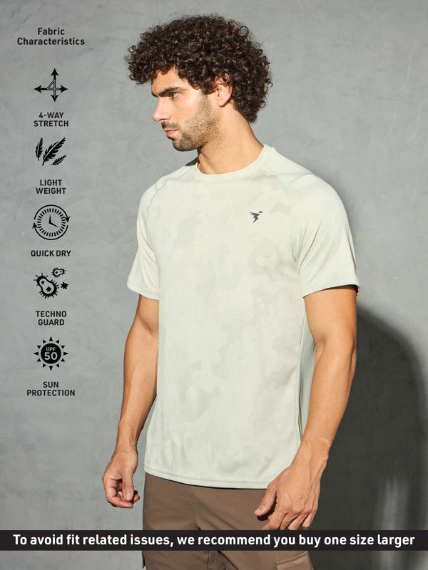Men Self Design Slim Fit Crew Neck T-shirt with DOUBLE COOL