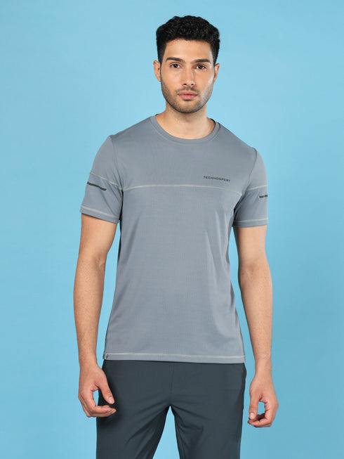 Men Solid Slim Fit Crew Neck T-shirt with DOUBLE COOL