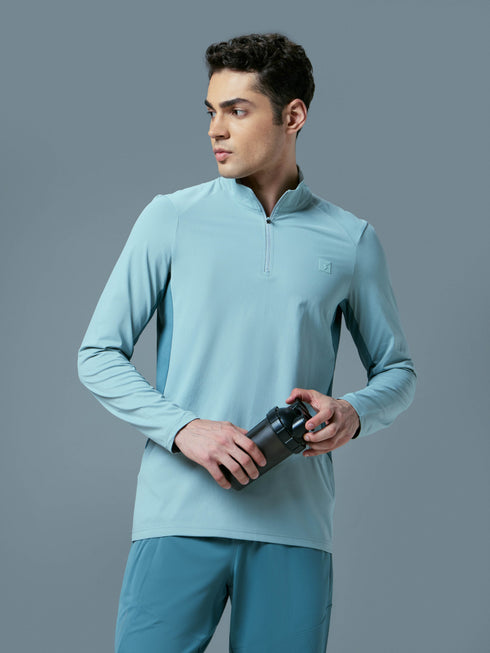 Men Colorblock Slim Fit Mock Neck Sports T-shirt with COTFLEX