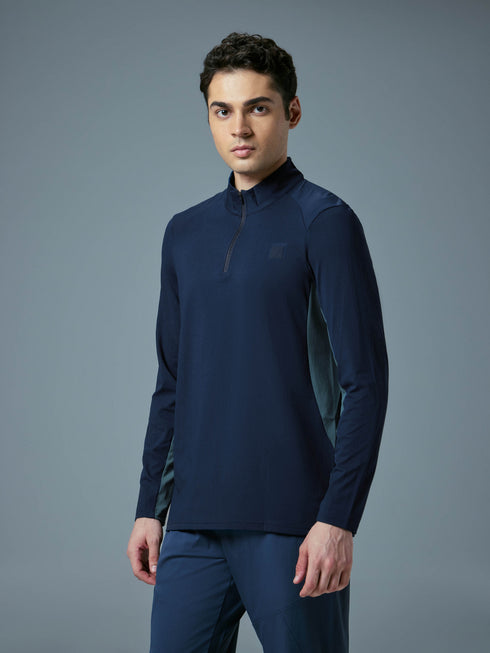Men Colorblock Slim Fit Mock Neck Sports T-shirt with COTFLEX