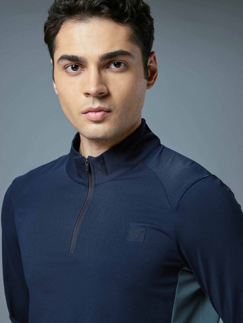 Men Colorblock Slim Fit Mock Neck Sports T-shirt with COTFLEX