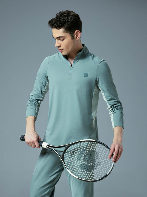 Men Colorblock Slim Fit Mock Neck Sports T-shirt with COTFLEX