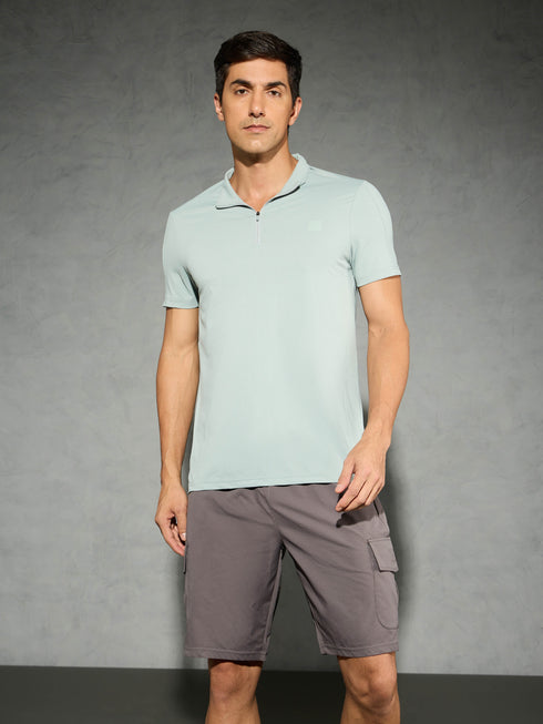 Men Solid Slim Fit Mock Neck T-shirt with COTFLEX
