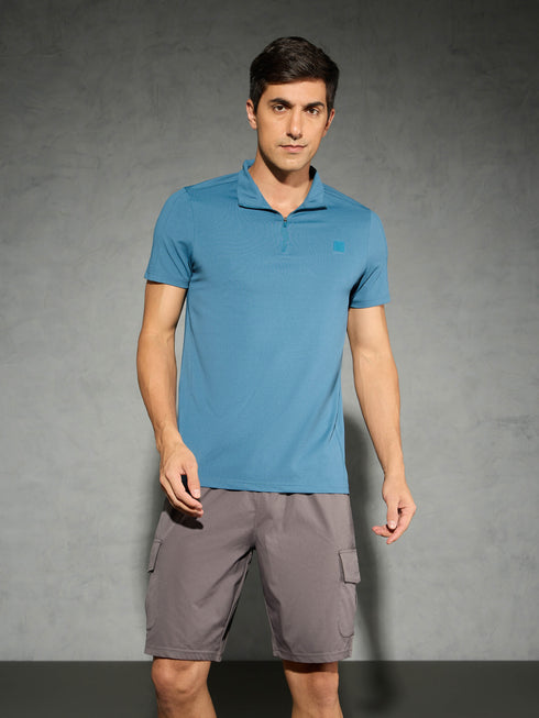 Men Solid Slim Fit Mock Neck T-shirt with COTFLEX