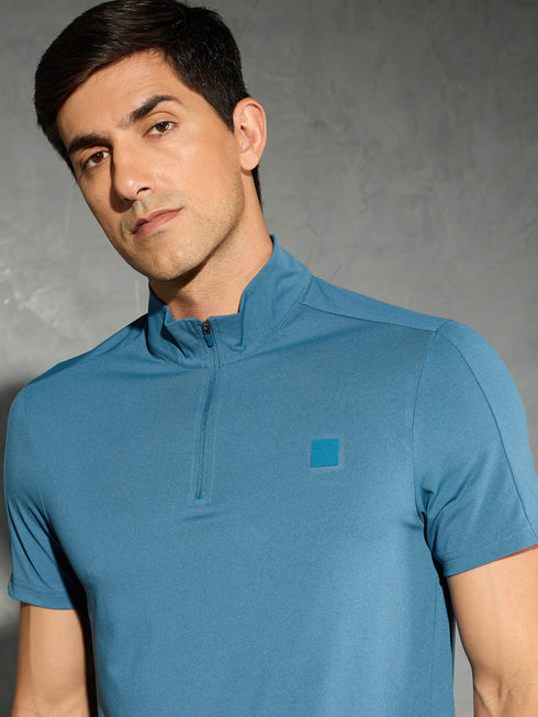 Men Solid Slim Fit Mock Neck T-shirt with COTFLEX