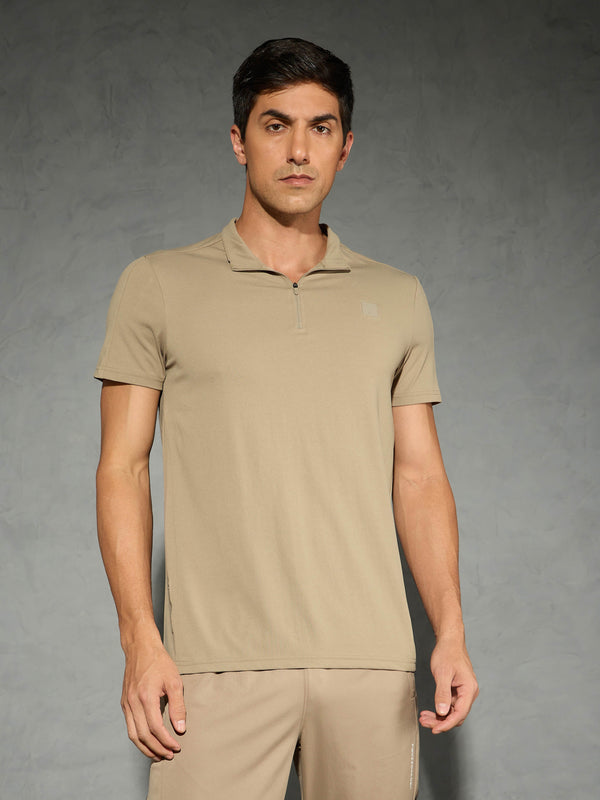Men Solid Slim Fit Mock Neck T-shirt with COTFLEX