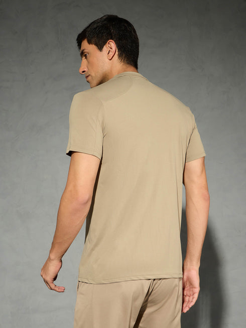 Men Solid Slim Fit Mock Neck T-shirt with COTFLEX