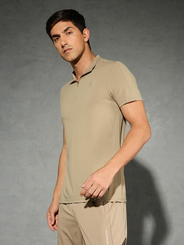 Men Solid Slim Fit Mock Neck T-shirt with COTFLEX