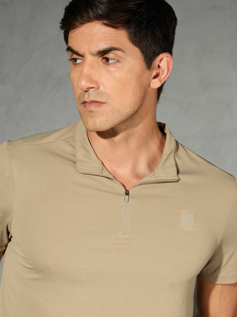 Men Solid Slim Fit Mock Neck T-shirt with COTFLEX