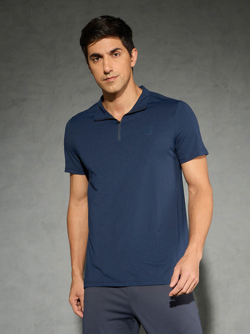 Men Solid Slim Fit Mock Neck T-shirt with COTFLEX