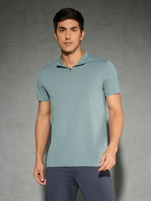 Men Solid Slim Fit Mock Neck T-shirt with COTFLEX