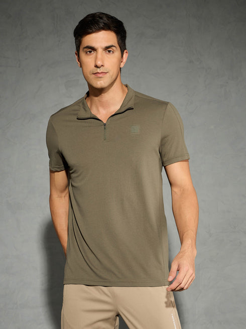 Men Solid Slim Fit Mock Neck T-shirt with COTFLEX