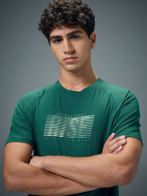 Men Typography Printed Slim Fit Round Neck Sports T-shirt with COTFLEX