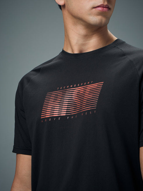 Men Typography Printed Slim Fit Round Neck Sports T-shirt with COTFLEX