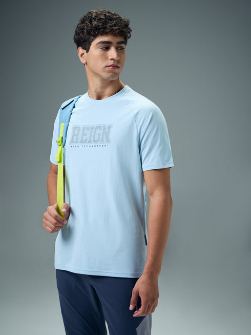 Men Typography Printed Slim Fit Round Neck Sports T-shirt with COTFLEX