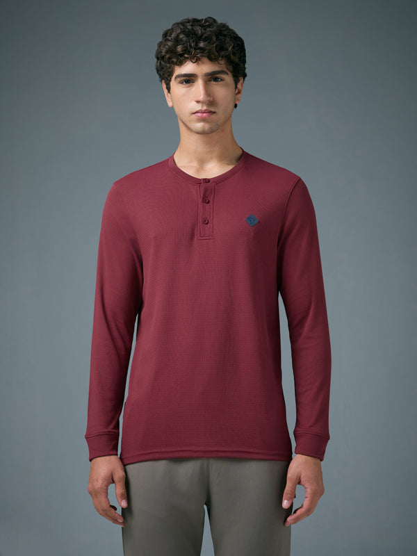 Men Self Design Slim Fit Henley Neck Sports T-Shirt with TECHNOCOOL+