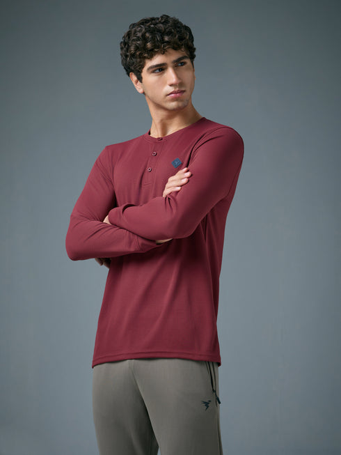 Men Self Design Slim Fit Henley Neck Sports T-Shirt with TECHNOCOOL+