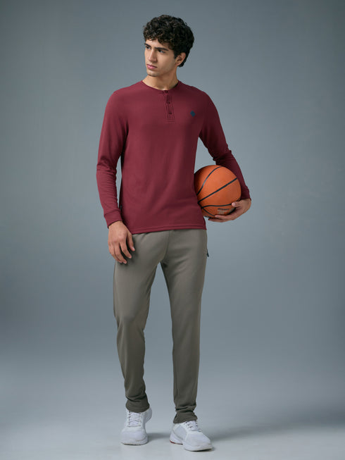 Men Self Design Slim Fit Henley Neck Sports T-Shirt with TECHNOCOOL+