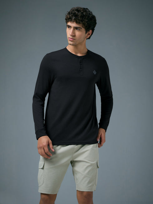 Men Self Design Slim Fit Henley Neck Sports T-Shirt with TECHNOCOOL+