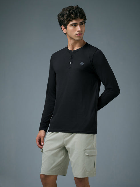 Men Self Design Slim Fit Henley Neck Sports T-Shirt with TECHNOCOOL+