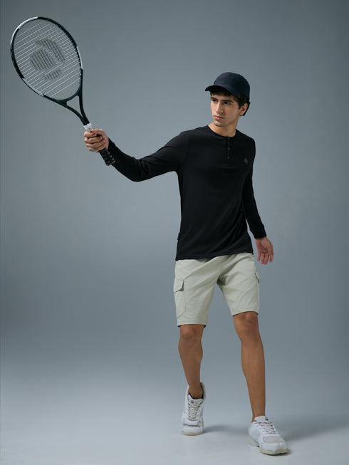 Men Self Design Slim Fit Henley Neck Sports T-Shirt with TECHNOCOOL+