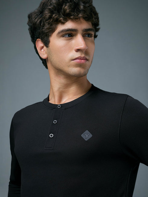 Men Self Design Slim Fit Henley Neck Sports T-Shirt with TECHNOCOOL+