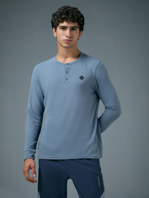 Men Self Design Slim Fit Henley Neck Sports T-Shirt with TECHNOCOOL+