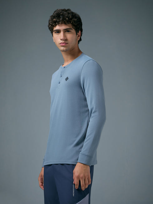 Men Self Design Slim Fit Henley Neck Sports T-Shirt with TECHNOCOOL+