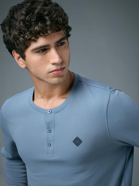 Men Self Design Slim Fit Henley Neck Sports T-Shirt with TECHNOCOOL+